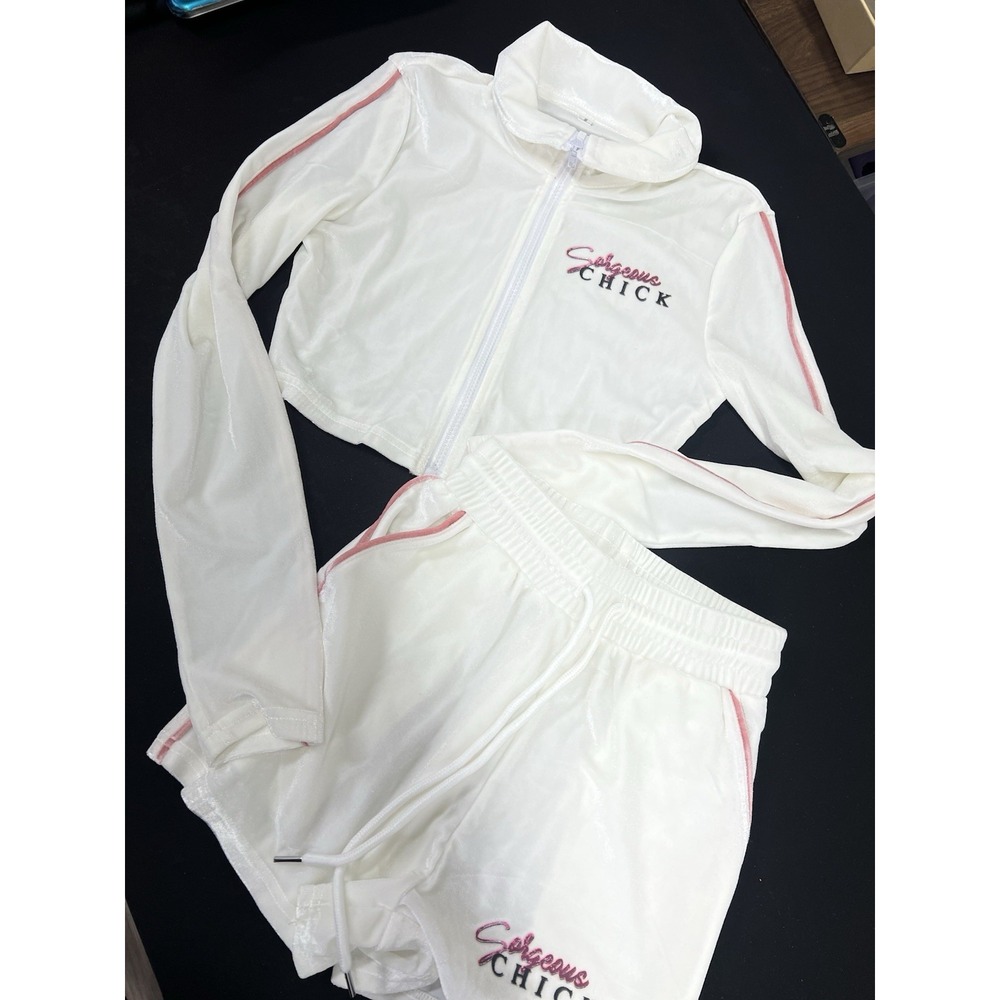 Gorgeous Chick Long Sleeve Velour Short Set Pockets Drawstring